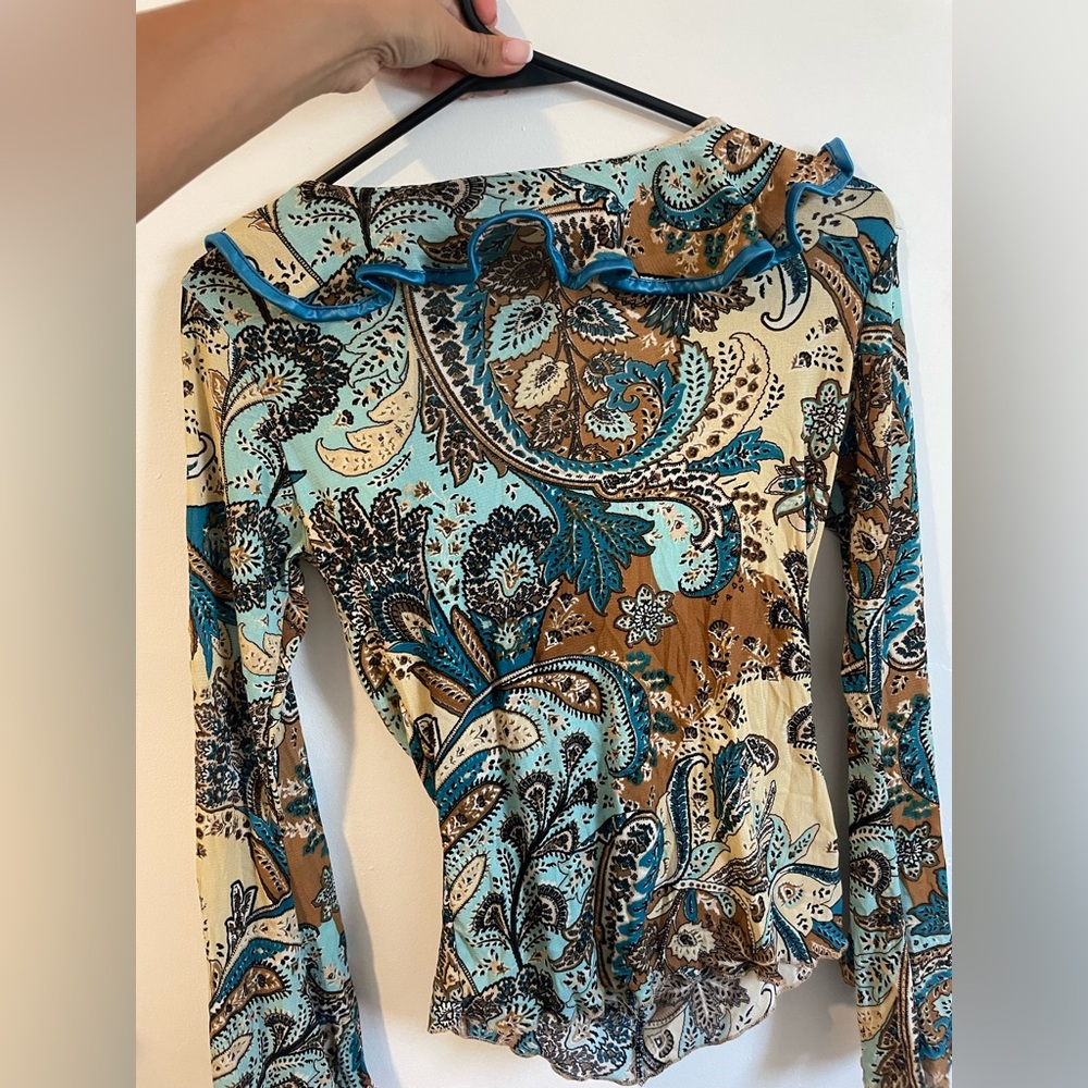 Women’s Paisley Ruffle Wrap Blouse in Teal & Brown - Picture 2 of 2